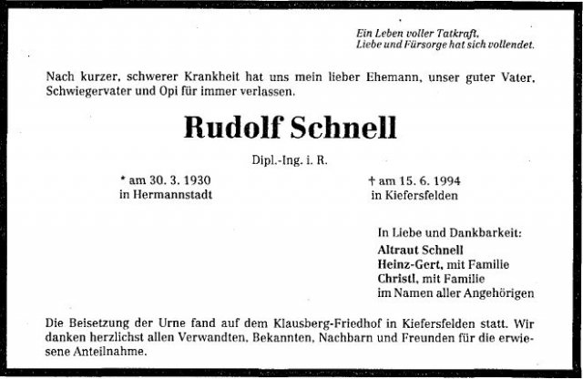 Schnell Rudolf 1930-1994 Todesanzeige